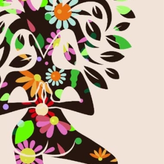 My words are seeds custom yoga mat with woman in tree pose and colorful floral design on beige.