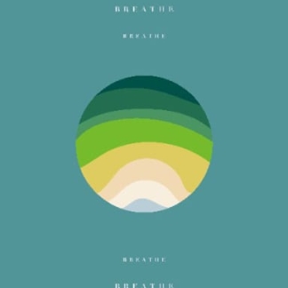 Breathe custom yoga mat with repeating text and rainbow sphere on teal background.