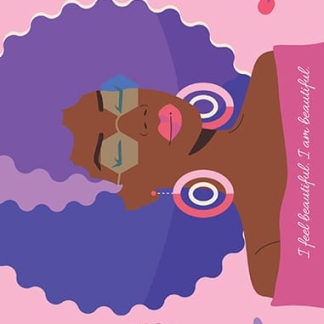 I feel beautiful I am beautiful custom yoga mat with woman and purple hair surrounded by florals.
