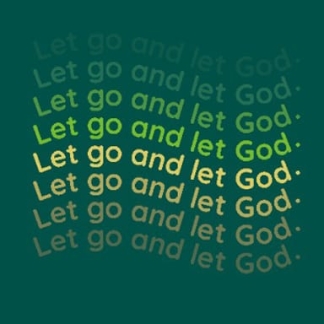 Let go and let god custom yoga mat with gradient green text on dark teal background.