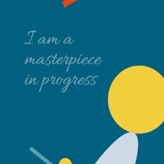 I am a masterpiece in progress custom yoga mat with abstract geometric shapes on blue background.