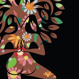 I ebb I flow I change I grow custom yoga mat with woman in tree pose and colorful floral design.