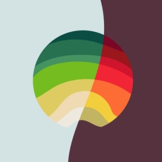 Live loving custom yoga mat with rainbow sphere design on split burgundy and blue background.