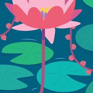 Peace be still custom yoga mat with lotus flower and lily pads on tranquil blue water.