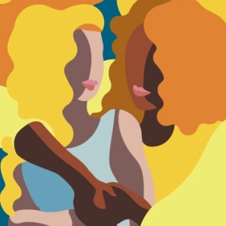 Giving equals receiving custom yoga mat with two women embracing on vibrant abstract background.
