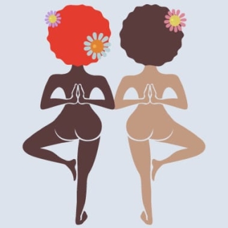 Let's grow custom yoga mat with two women in tree pose with flowers in their hair.