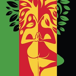 Out of many one people custom yoga mat with tree pose illustration on Pan-African flag colors.